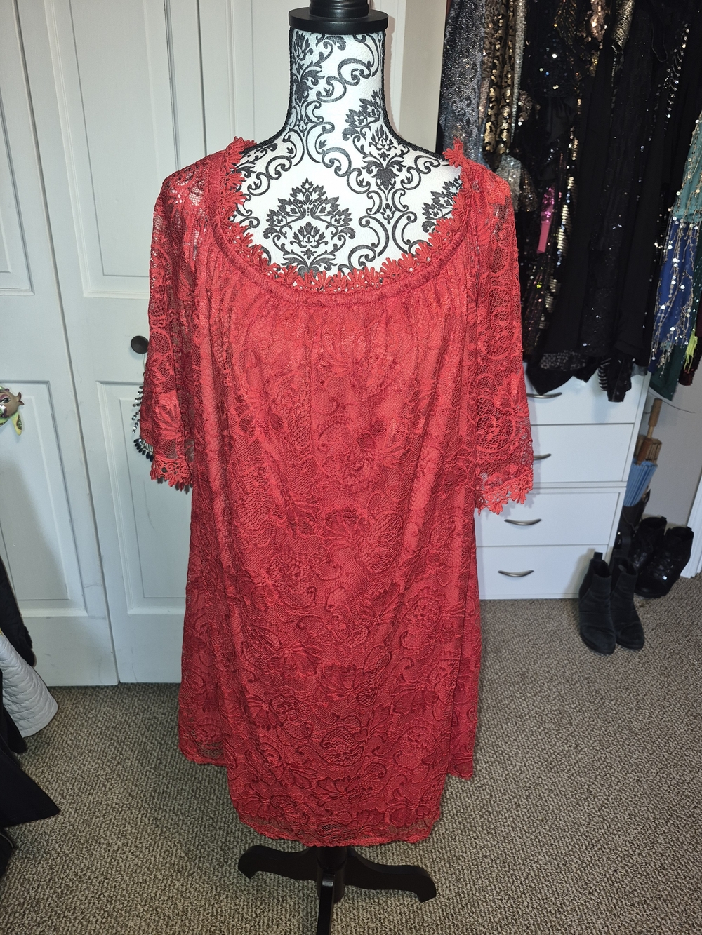 Red Lace Overlay Shift Dress